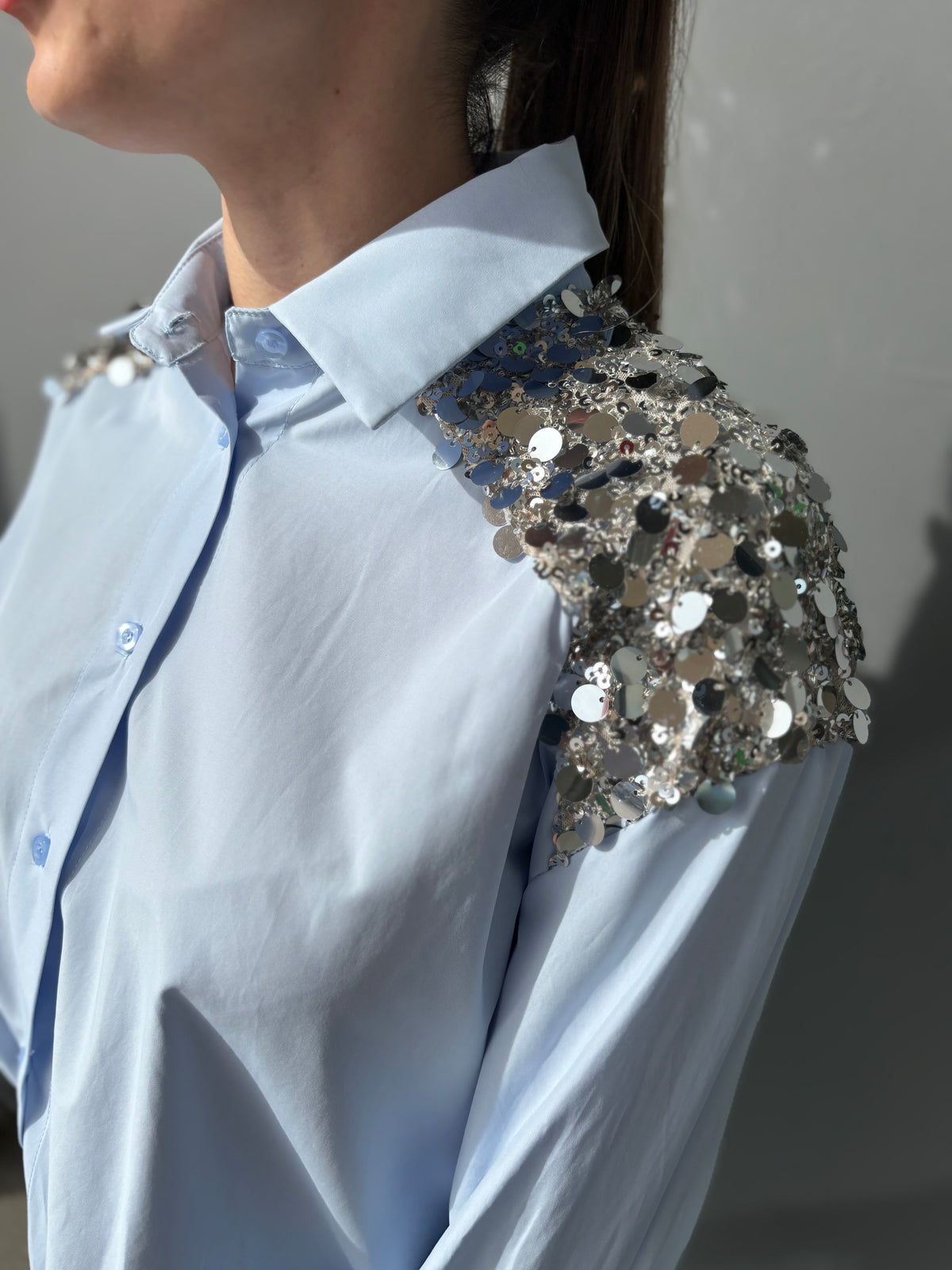 Camicia in cotone con pailletes argento