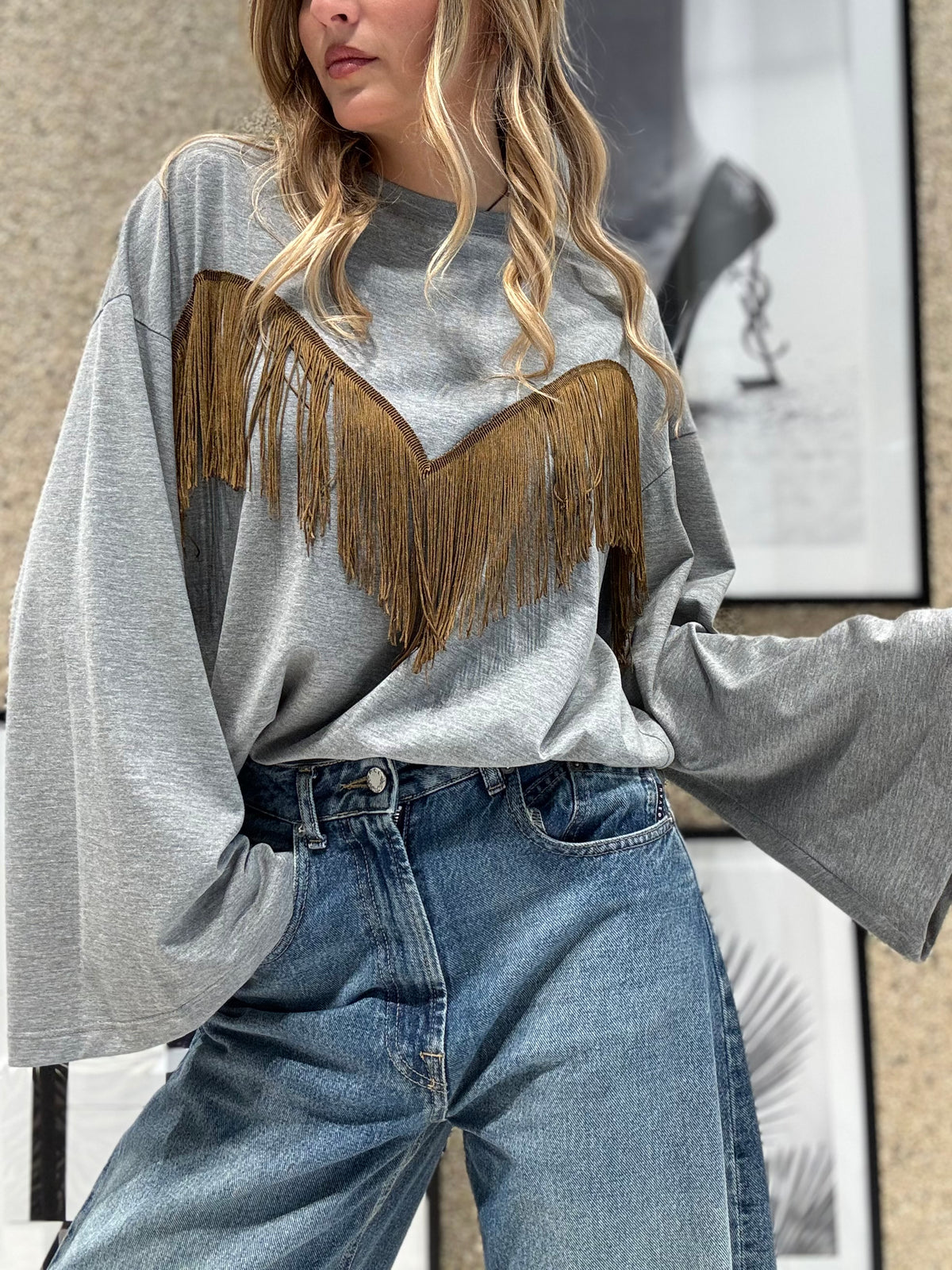 T-shirt frange manica lunga
