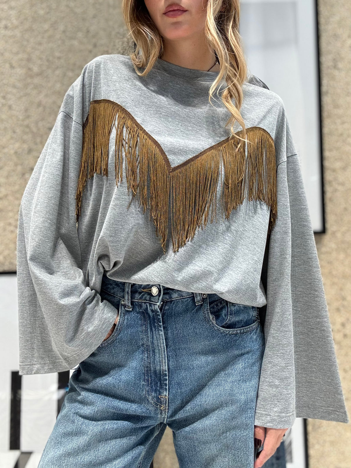 T-shirt frange manica lunga