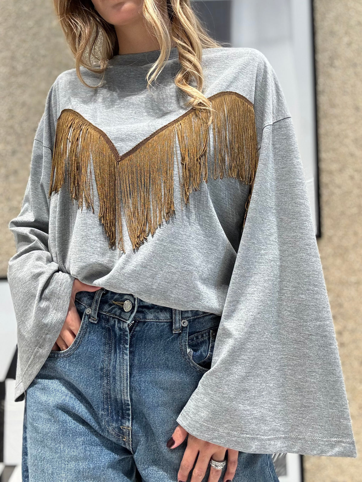 T-shirt frange manica lunga