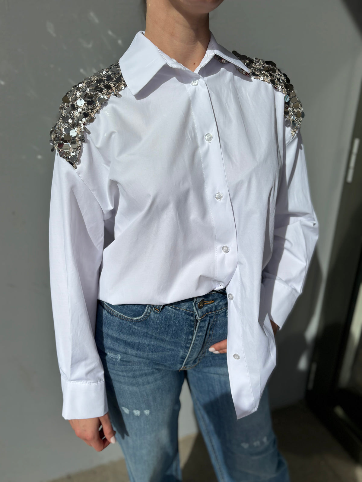 Camicia in cotone con pailletes argento