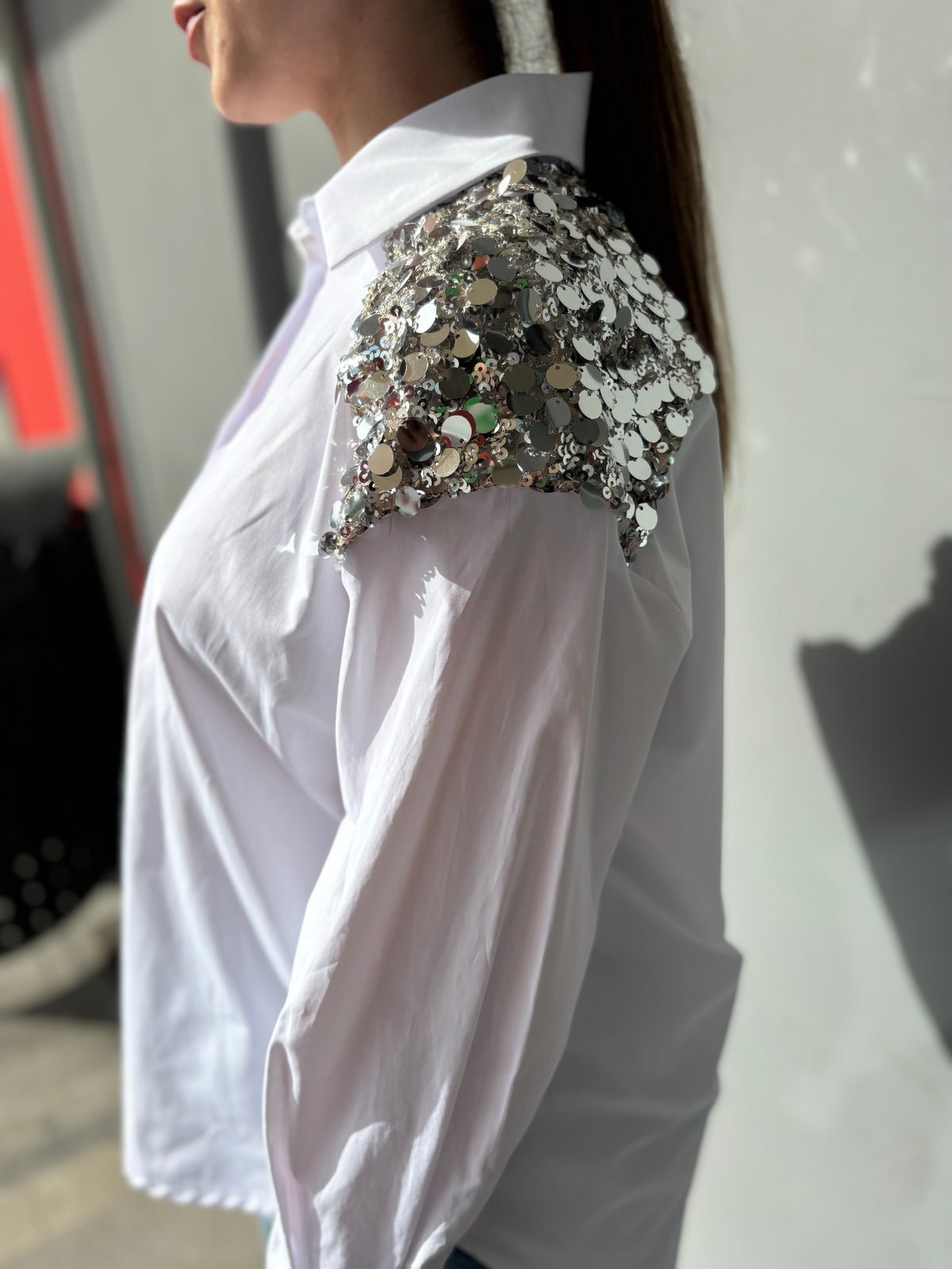 Camicia in cotone con pailletes argento