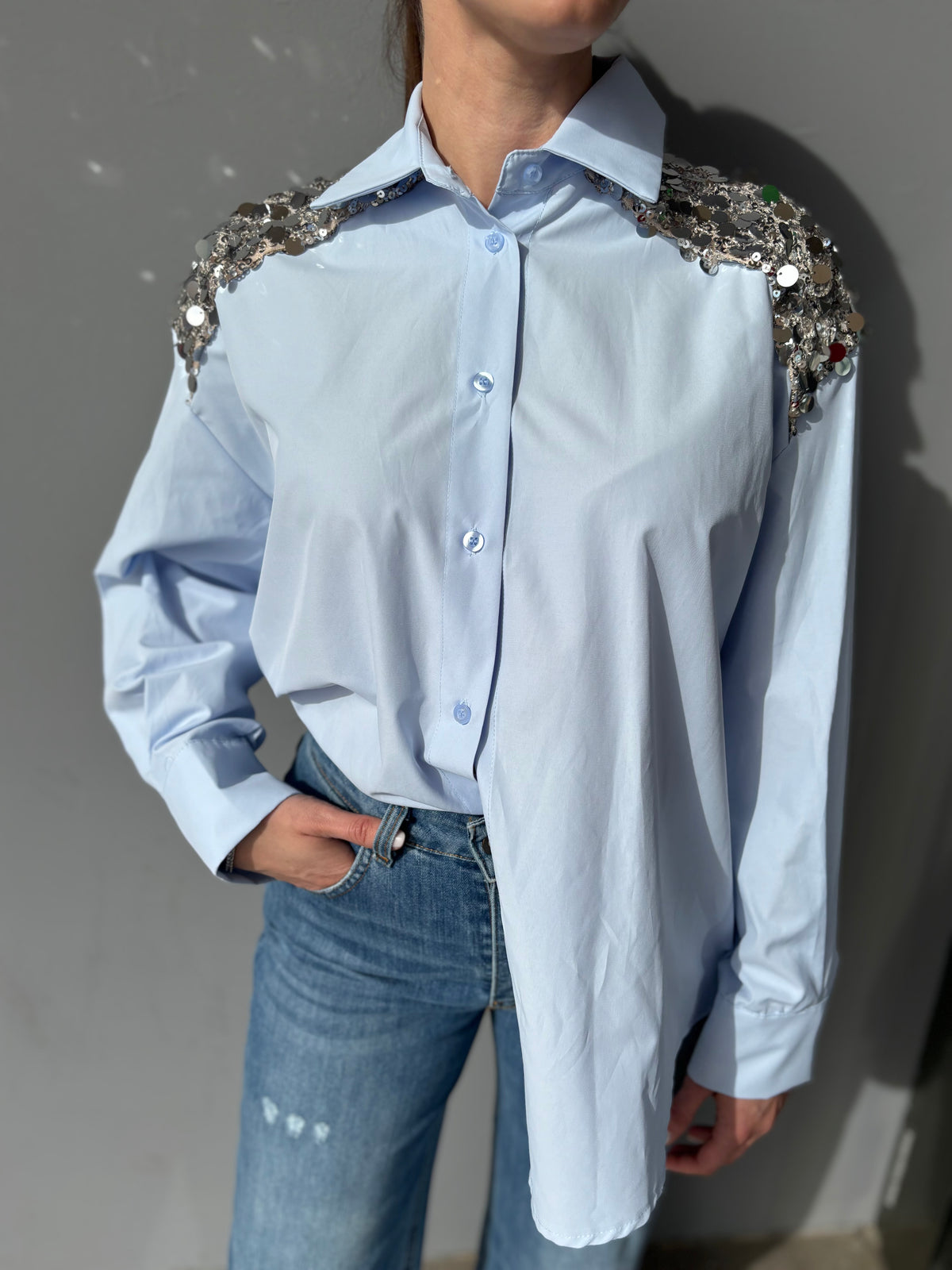 Camicia in cotone con pailletes argento