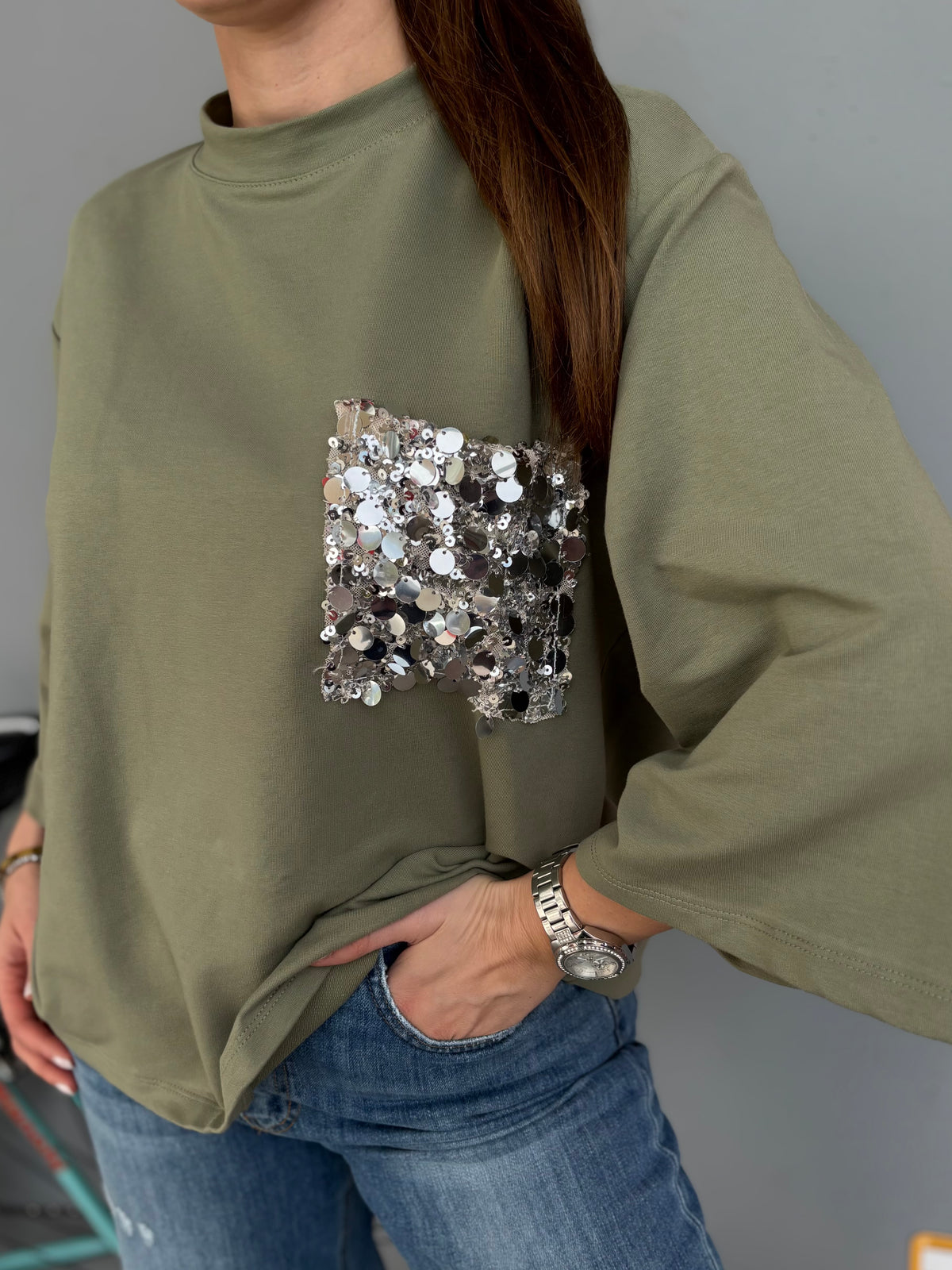 Felpa manica tre quarti con pailletes