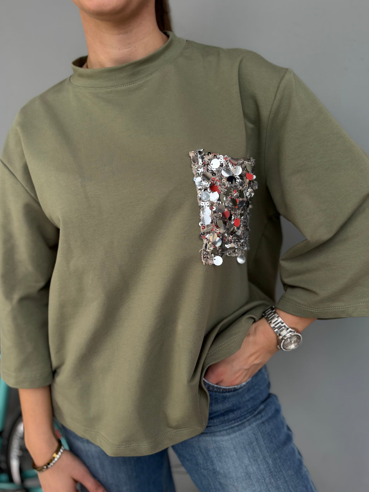 Felpa manica tre quarti con pailletes