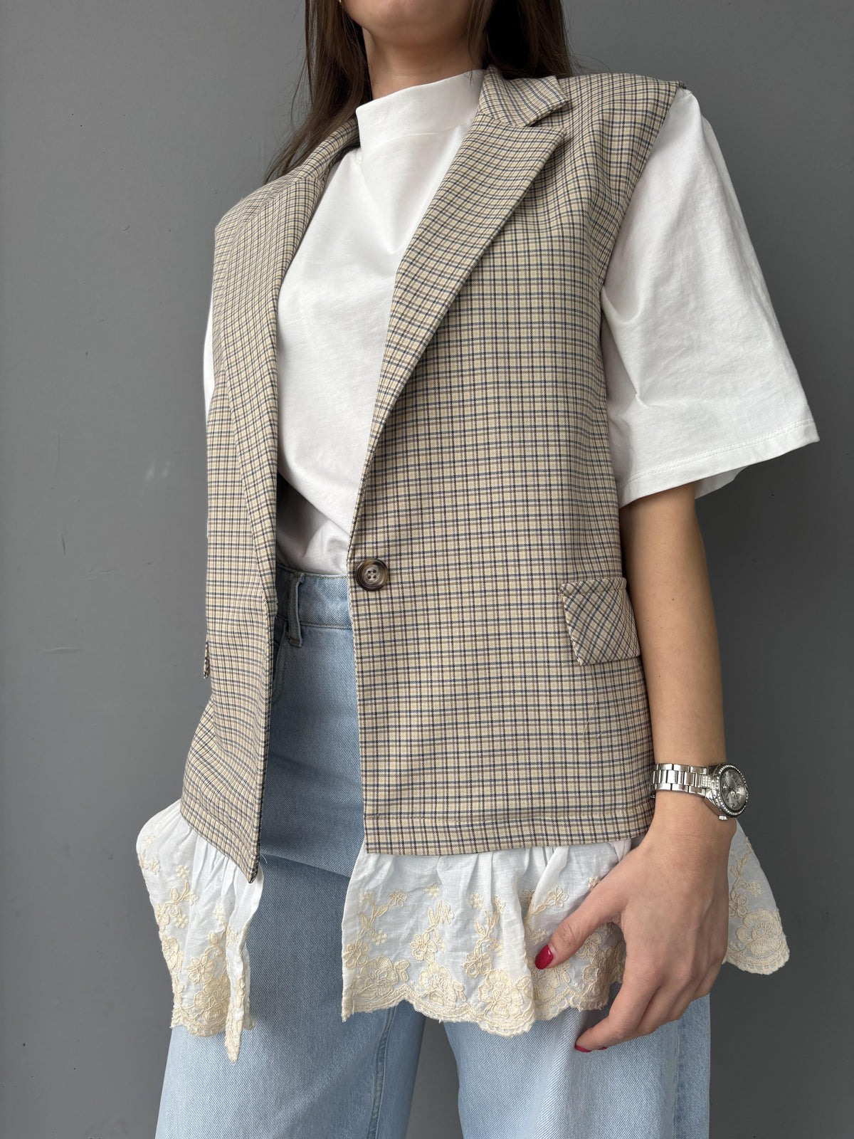 Gilet fantasia check e pizzo