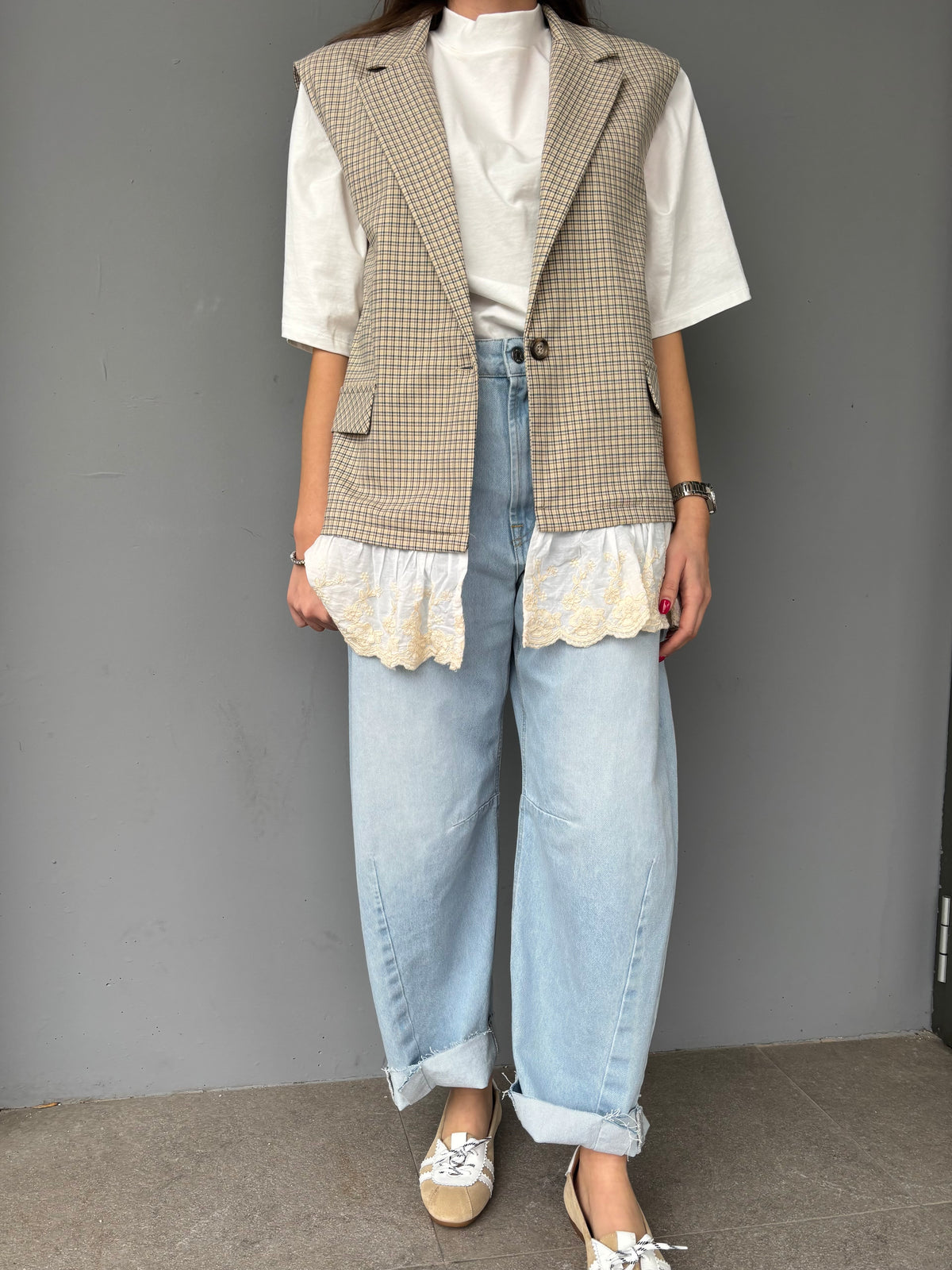 Gilet fantasia check e pizzo