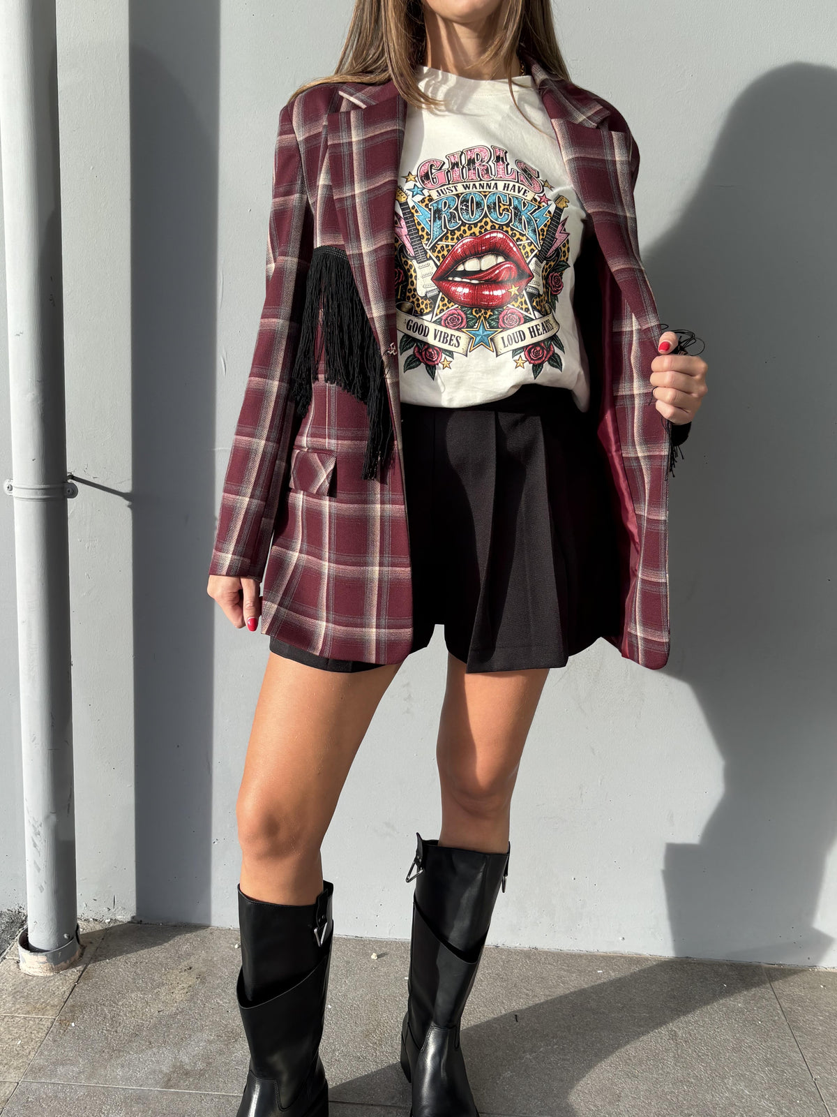 Blazer a qaudri con frange